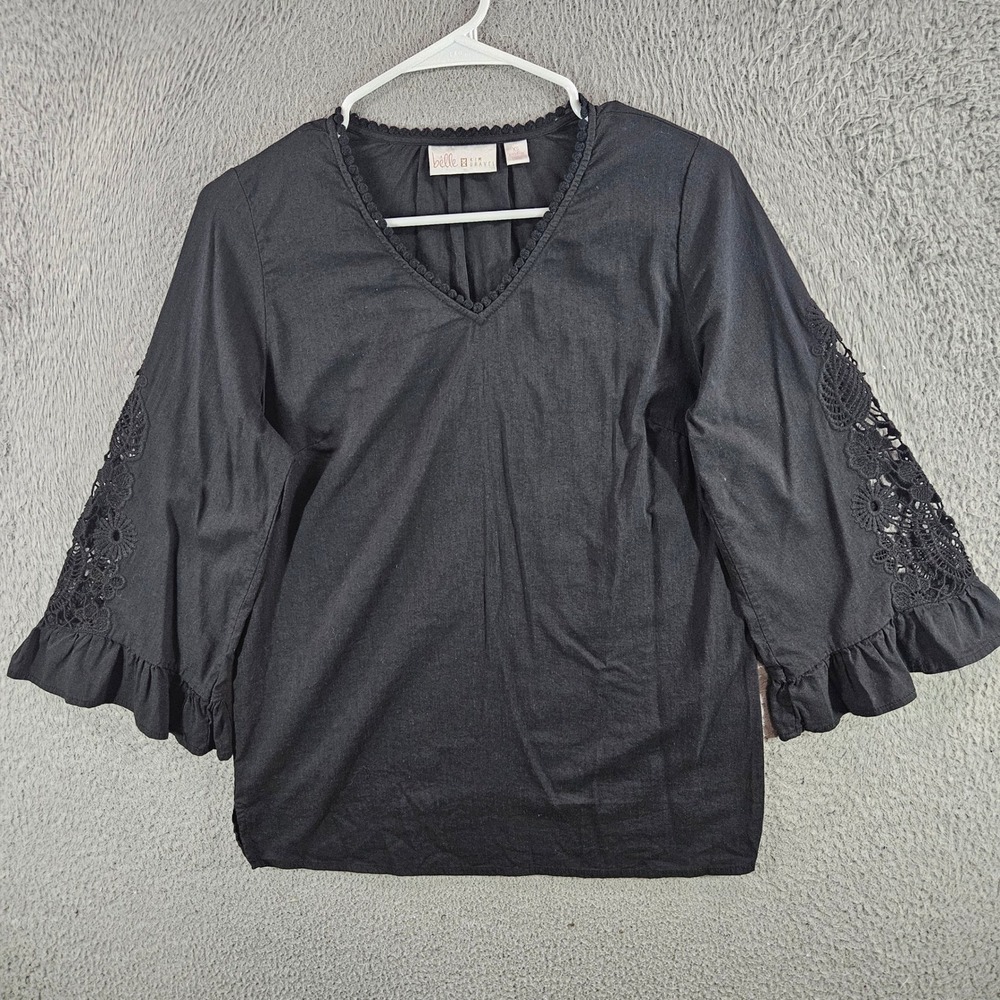 Belle by Kim Gravel Black V-Neck Crochet Lace Bell Sleeve Blouse XS Cotton Rayon